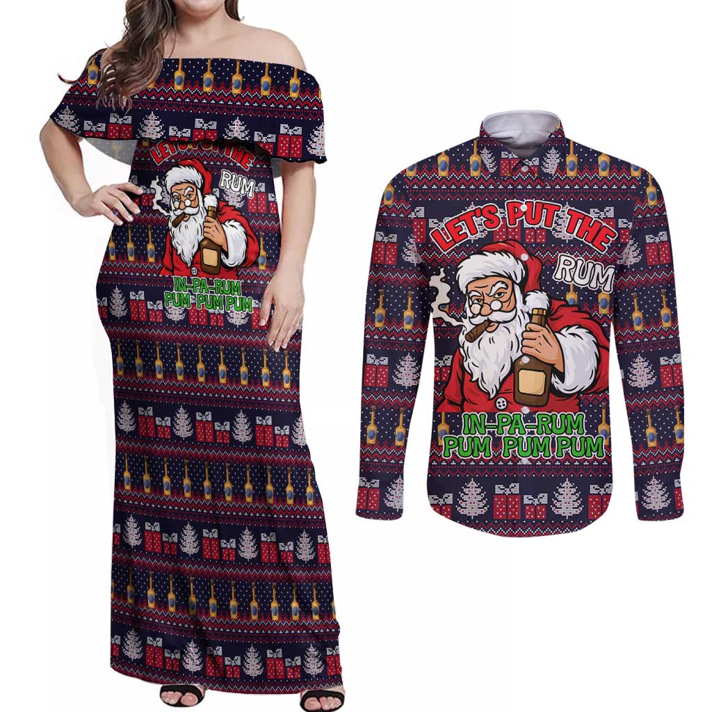 Lets Put The Rum Pum Pum Pum Christmas Couples Matching Off Shoulder Maxi Dress and Long Sleeve Button Shirt Xmas Holiday Patterns - Wonder Print Shop
