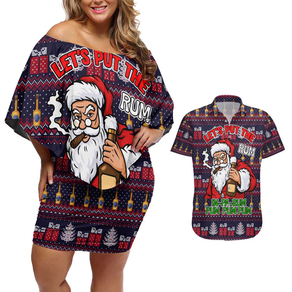 Lets Put The Rum Pum Pum Pum Christmas Couples Matching Off Shoulder Short Dress and Hawaiian Shirt Xmas Holiday Patterns - Wonder Print Shop
