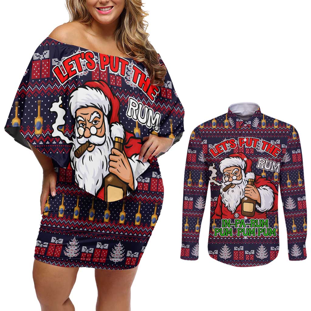 Lets Put The Rum Pum Pum Pum Christmas Couples Matching Off Shoulder Short Dress and Long Sleeve Button Shirt Xmas Holiday Patterns - Wonder Print Shop
