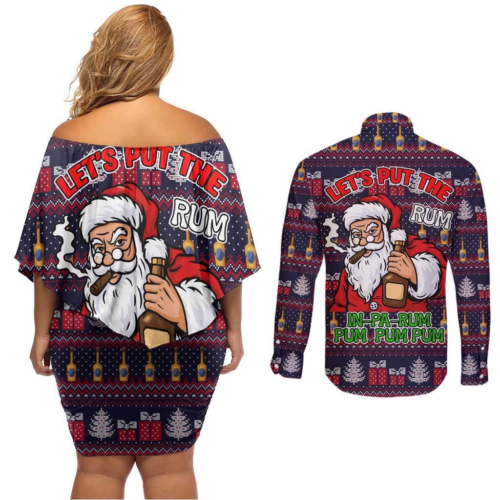 Lets Put The Rum Pum Pum Pum Christmas Couples Matching Off Shoulder Short Dress and Long Sleeve Button Shirt Xmas Holiday Patterns - Wonder Print Shop