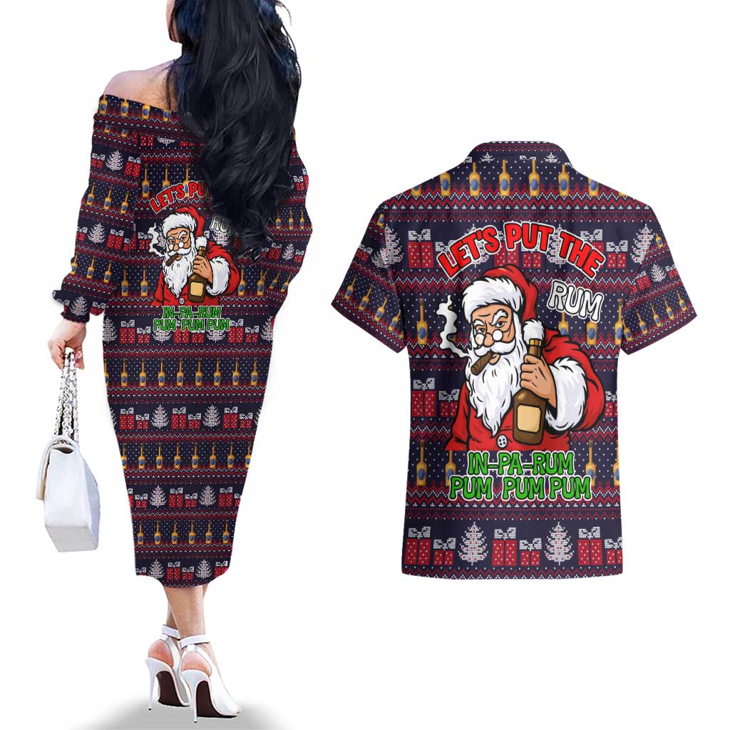 Lets Put The Rum Pum Pum Pum Christmas Couples Matching Off The Shoulder Long Sleeve Dress and Hawaiian Shirt Xmas Holiday Patterns - Wonder Print Shop
