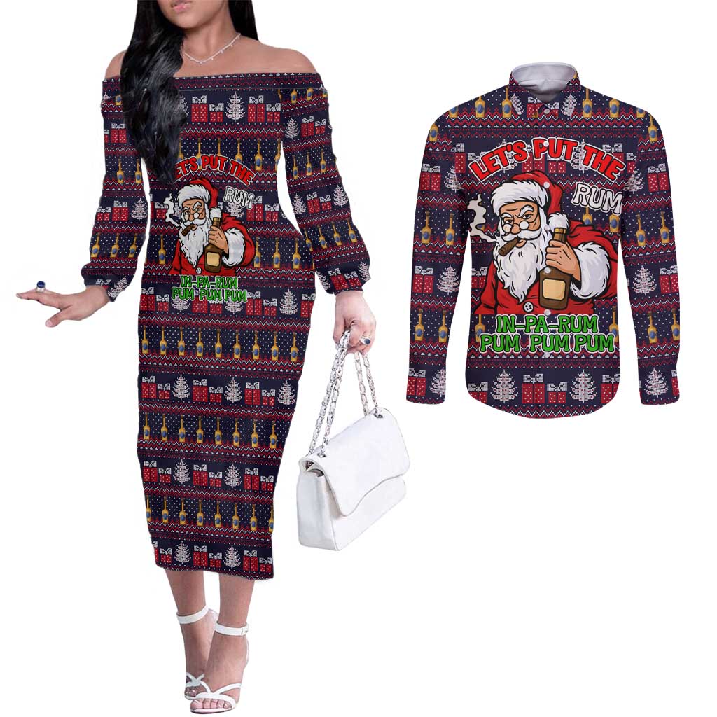 Lets Put The Rum Pum Pum Pum Christmas Couples Matching Off The Shoulder Long Sleeve Dress and Long Sleeve Button Shirt Xmas Holiday Patterns - Wonder Print Shop