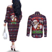 Lets Put The Rum Pum Pum Pum Christmas Couples Matching Off The Shoulder Long Sleeve Dress and Long Sleeve Button Shirt Xmas Holiday Patterns - Wonder Print Shop