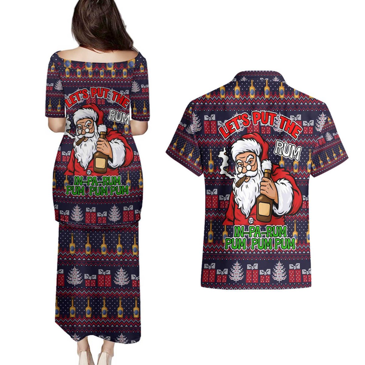 Lets Put The Rum Pum Pum Pum Christmas Couples Matching Puletasi and Hawaiian Shirt Xmas Holiday Patterns - Wonder Print Shop