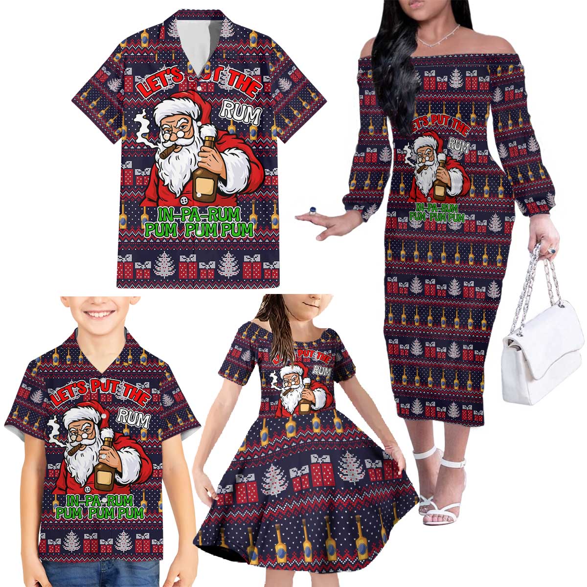 Lets Put The Rum Pum Pum Pum Christmas Family Matching Off The Shoulder Long Sleeve Dress and Hawaiian Shirt Xmas Holiday Patterns - Wonder Print Shop