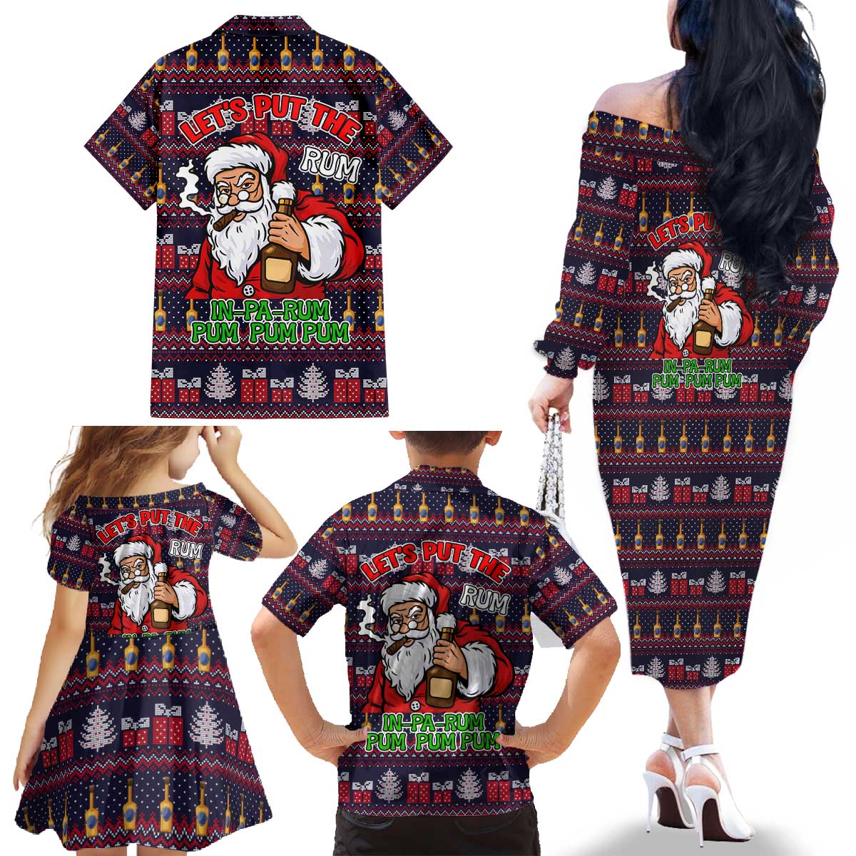 Lets Put The Rum Pum Pum Pum Christmas Family Matching Off The Shoulder Long Sleeve Dress and Hawaiian Shirt Xmas Holiday Patterns - Wonder Print Shop