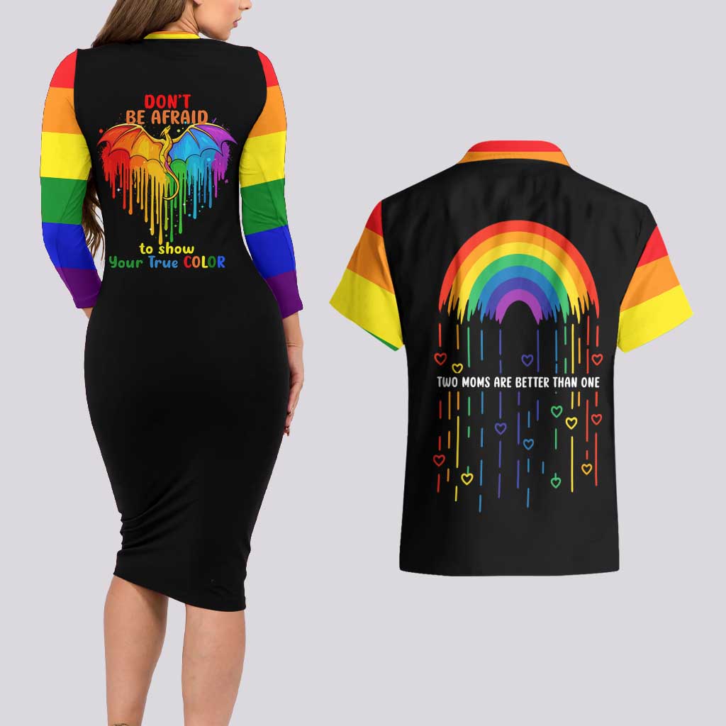 LGBT Dont Be Afraid Christmas Couples Matching Long Sleeve Bodycon Dress and Hawaiian Shirt Xmas Holiday Patterns - Wonder Print Shop