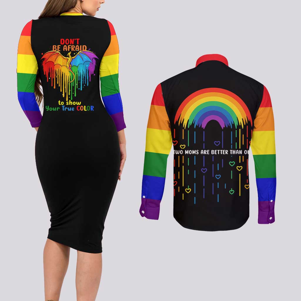 LGBT Dont Be Afraid Christmas Couples Matching Long Sleeve Bodycon Dress and Long Sleeve Button Shirt Xmas Holiday Patterns - Wonder Print Shop