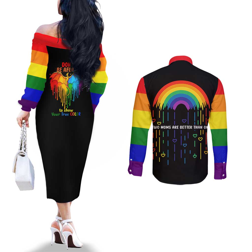 LGBT Dont Be Afraid Christmas Couples Matching Off The Shoulder Long Sleeve Dress and Long Sleeve Button Shirt Xmas Holiday Patterns - Wonder Print Shop
