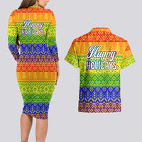 LGBT Gay Pride Happy Holigays Christmas Couples Matching Long Sleeve Bodycon Dress and Hawaiian Shirt Xmas Holiday Patterns - Wonder Print Shop