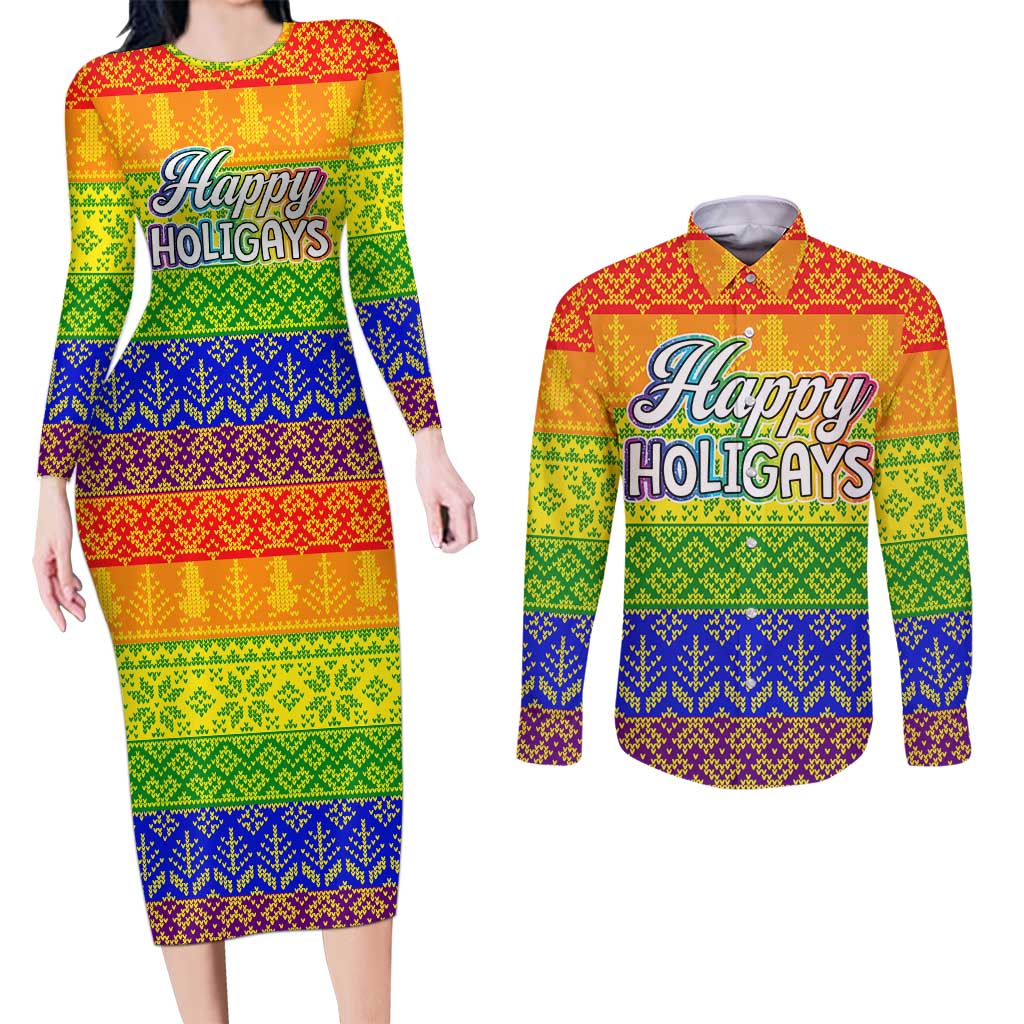 LGBT Gay Pride Happy Holigays Christmas Couples Matching Long Sleeve Bodycon Dress and Long Sleeve Button Shirt Xmas Holiday Patterns - Wonder Print Shop