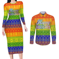 LGBT Gay Pride Happy Holigays Christmas Couples Matching Long Sleeve Bodycon Dress and Long Sleeve Button Shirt Xmas Holiday Patterns - Wonder Print Shop