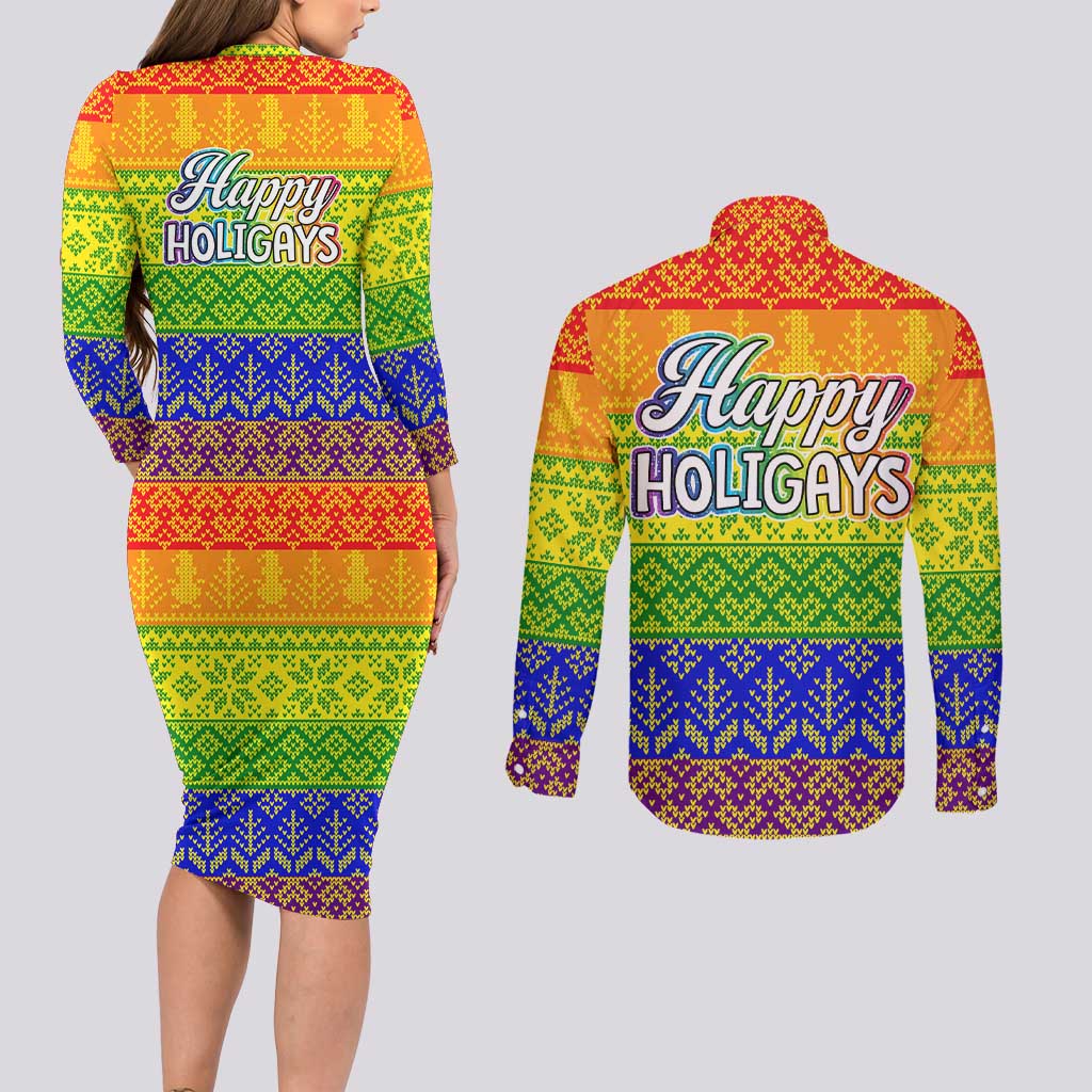 LGBT Gay Pride Happy Holigays Christmas Couples Matching Long Sleeve Bodycon Dress and Long Sleeve Button Shirt Xmas Holiday Patterns - Wonder Print Shop