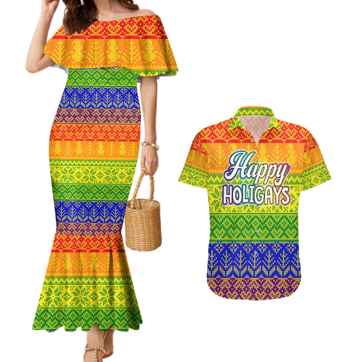 LGBT Gay Pride Happy Holigays Christmas Couples Matching Mermaid Dress and Hawaiian Shirt Xmas Holiday Patterns - Wonder Print Shop