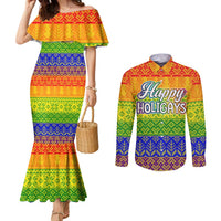LGBT Gay Pride Happy Holigays Christmas Couples Matching Mermaid Dress and Long Sleeve Button Shirt Xmas Holiday Patterns - Wonder Print Shop