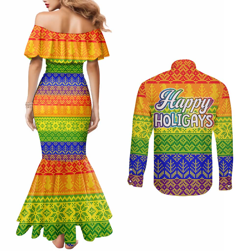 LGBT Gay Pride Happy Holigays Christmas Couples Matching Mermaid Dress and Long Sleeve Button Shirt Xmas Holiday Patterns - Wonder Print Shop