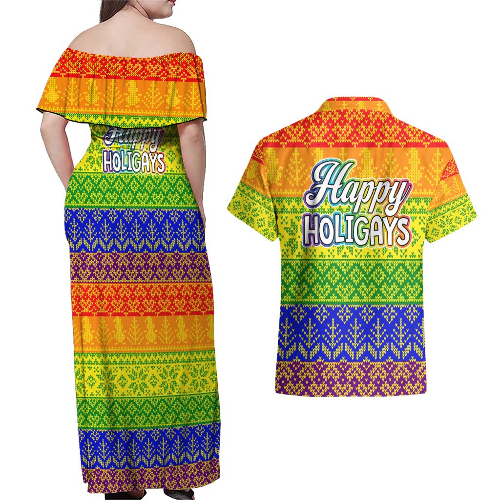 LGBT Gay Pride Happy Holigays Christmas Couples Matching Off Shoulder Maxi Dress and Hawaiian Shirt Xmas Holiday Patterns - Wonder Print Shop