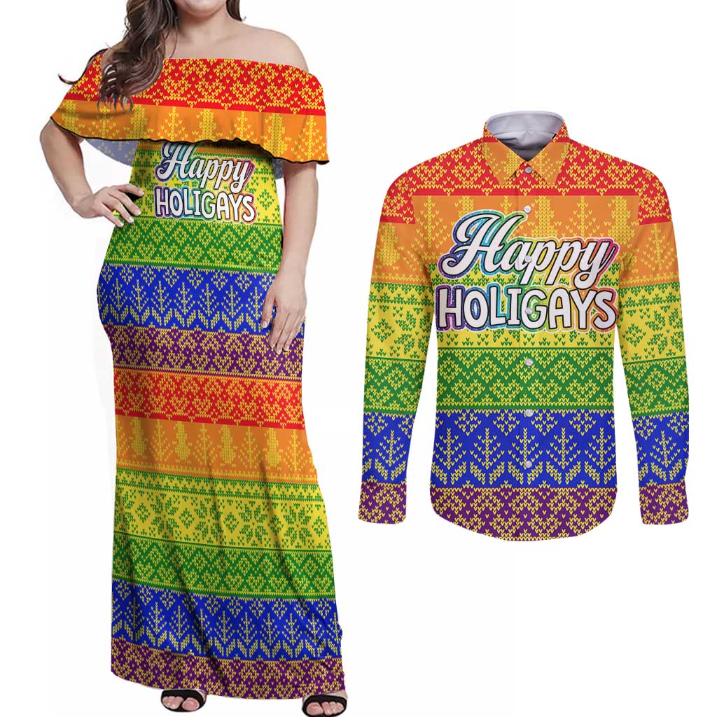 LGBT Gay Pride Happy Holigays Christmas Couples Matching Off Shoulder Maxi Dress and Long Sleeve Button Shirt Xmas Holiday Patterns - Wonder Print Shop