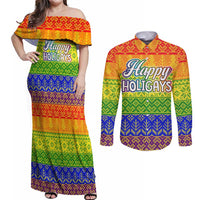 LGBT Gay Pride Happy Holigays Christmas Couples Matching Off Shoulder Maxi Dress and Long Sleeve Button Shirt Xmas Holiday Patterns - Wonder Print Shop