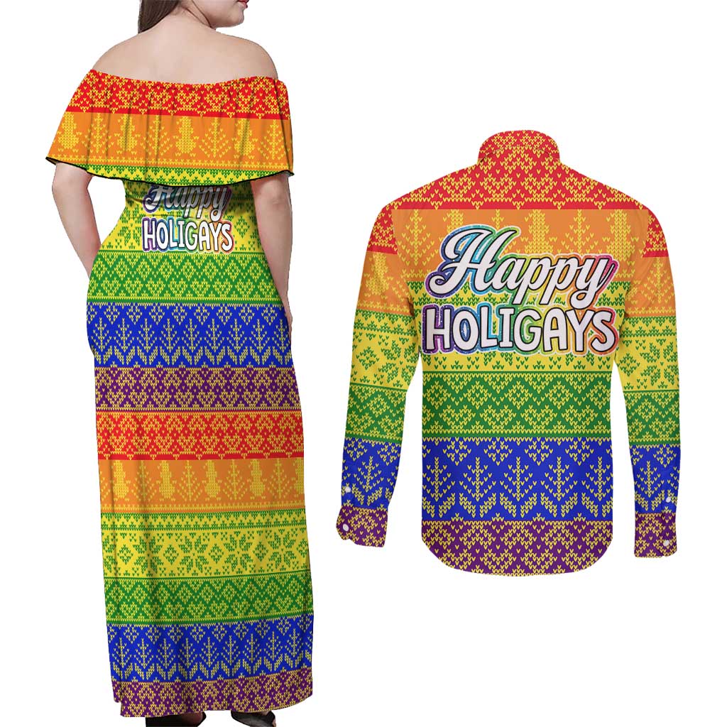 LGBT Gay Pride Happy Holigays Christmas Couples Matching Off Shoulder Maxi Dress and Long Sleeve Button Shirt Xmas Holiday Patterns - Wonder Print Shop