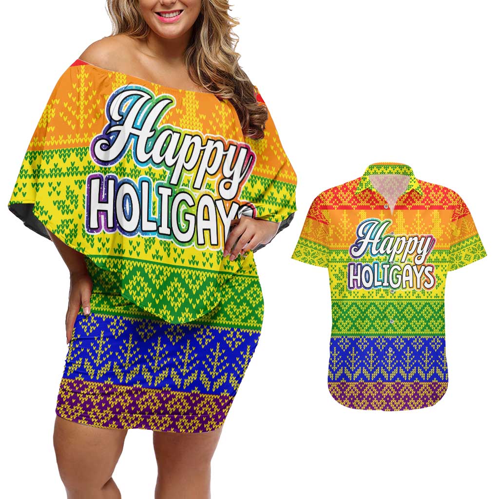 LGBT Gay Pride Happy Holigays Christmas Couples Matching Off Shoulder Short Dress and Hawaiian Shirt Xmas Holiday Patterns - Wonder Print Shop