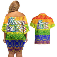 LGBT Gay Pride Happy Holigays Christmas Couples Matching Off Shoulder Short Dress and Hawaiian Shirt Xmas Holiday Patterns - Wonder Print Shop