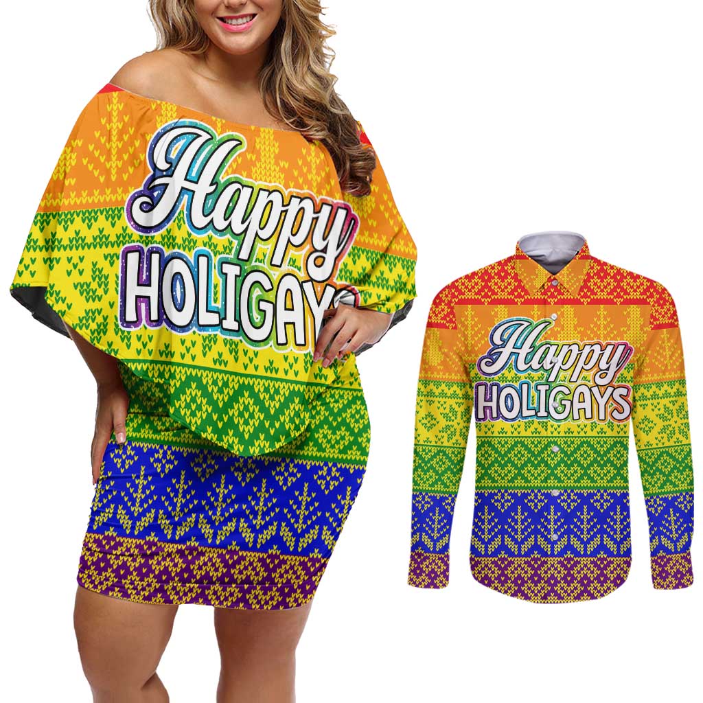 LGBT Gay Pride Happy Holigays Christmas Couples Matching Off Shoulder Short Dress and Long Sleeve Button Shirt Xmas Holiday Patterns - Wonder Print Shop