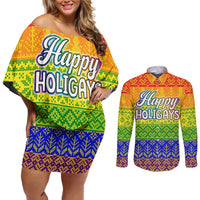 LGBT Gay Pride Happy Holigays Christmas Couples Matching Off Shoulder Short Dress and Long Sleeve Button Shirt Xmas Holiday Patterns - Wonder Print Shop