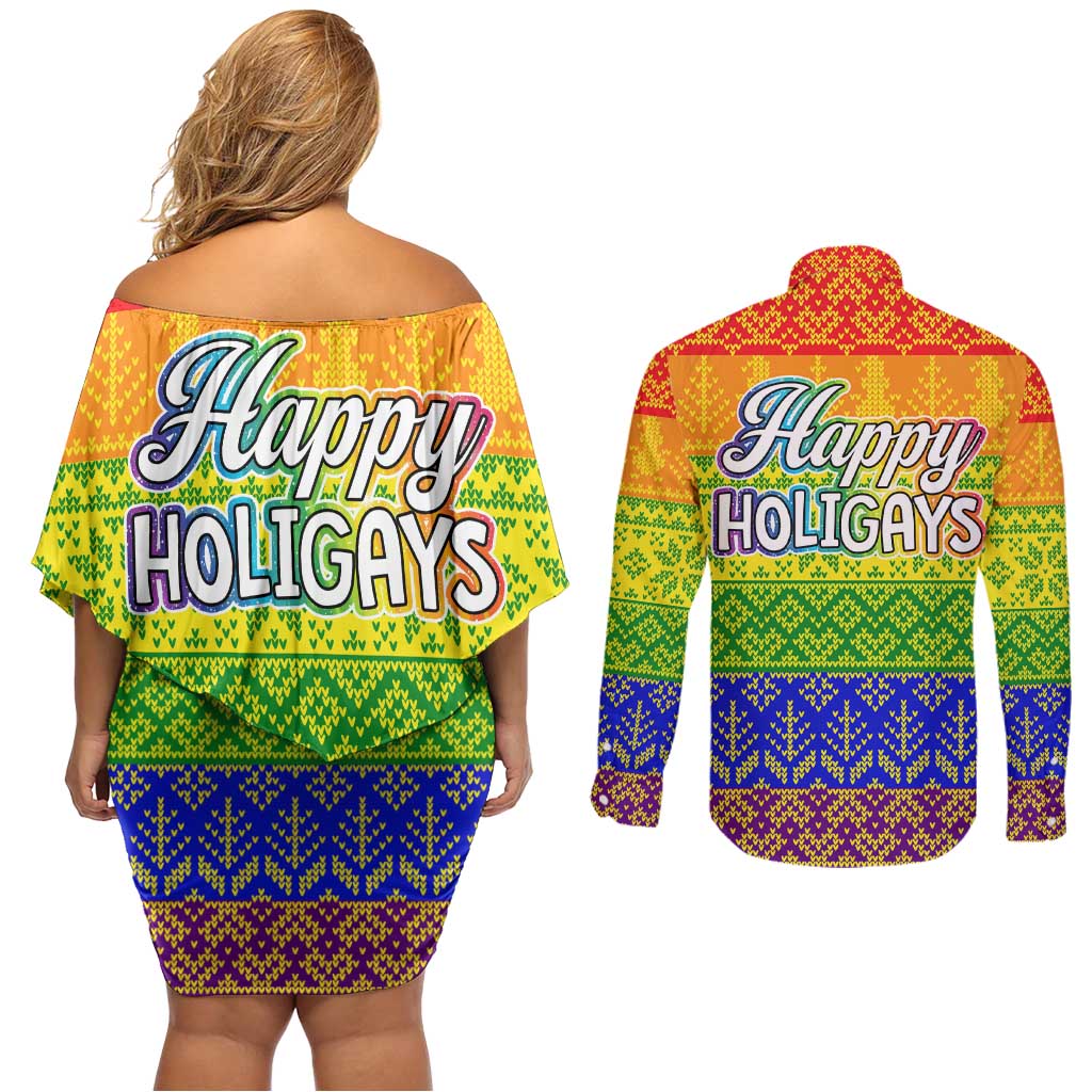 LGBT Gay Pride Happy Holigays Christmas Couples Matching Off Shoulder Short Dress and Long Sleeve Button Shirt Xmas Holiday Patterns - Wonder Print Shop