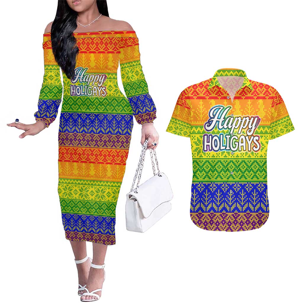 LGBT Gay Pride Happy Holigays Christmas Couples Matching Off The Shoulder Long Sleeve Dress and Hawaiian Shirt Xmas Holiday Patterns - Wonder Print Shop