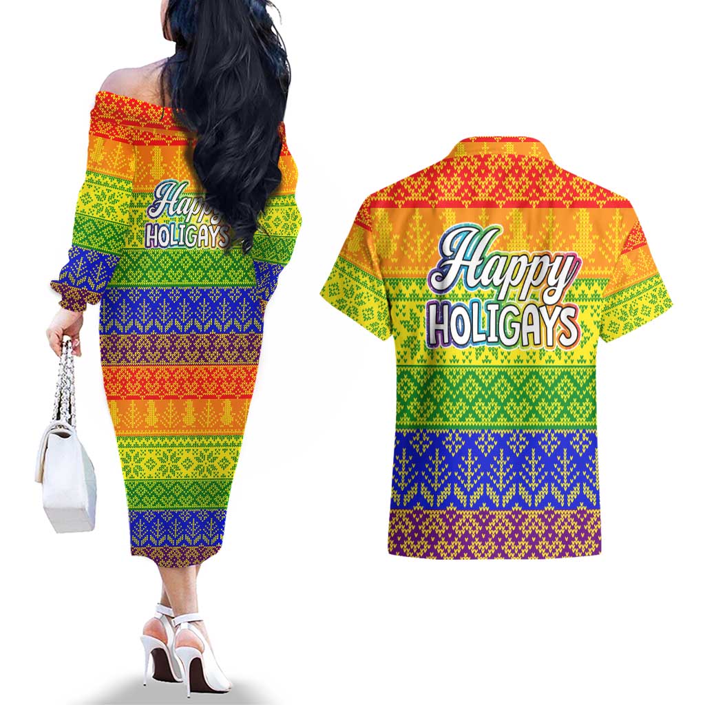 LGBT Gay Pride Happy Holigays Christmas Couples Matching Off The Shoulder Long Sleeve Dress and Hawaiian Shirt Xmas Holiday Patterns - Wonder Print Shop
