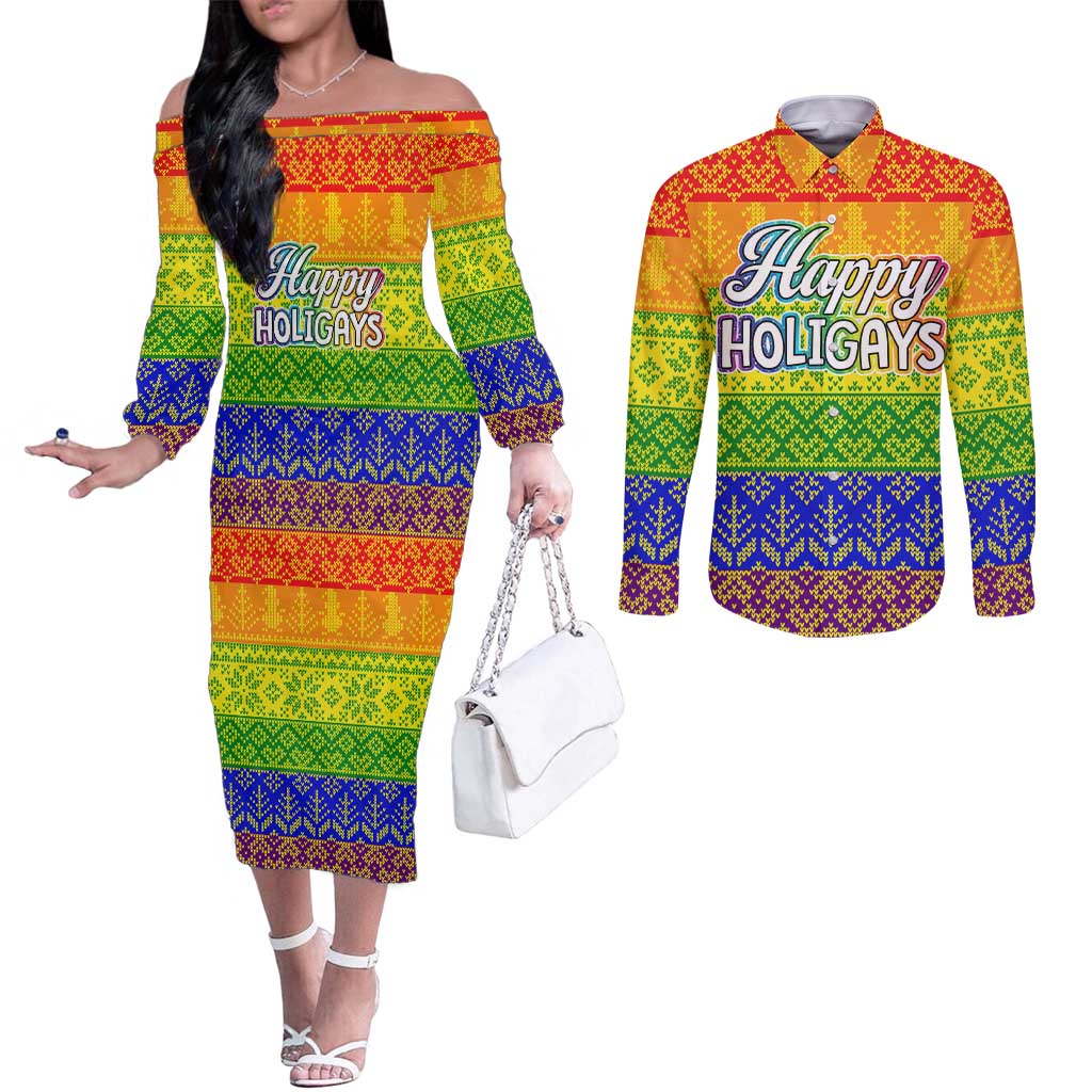 LGBT Gay Pride Happy Holigays Christmas Couples Matching Off The Shoulder Long Sleeve Dress and Long Sleeve Button Shirt Xmas Holiday Patterns - Wonder Print Shop