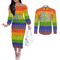 LGBT Gay Pride Happy Holigays Christmas Couples Matching Off The Shoulder Long Sleeve Dress and Long Sleeve Button Shirt Xmas Holiday Patterns - Wonder Print Shop