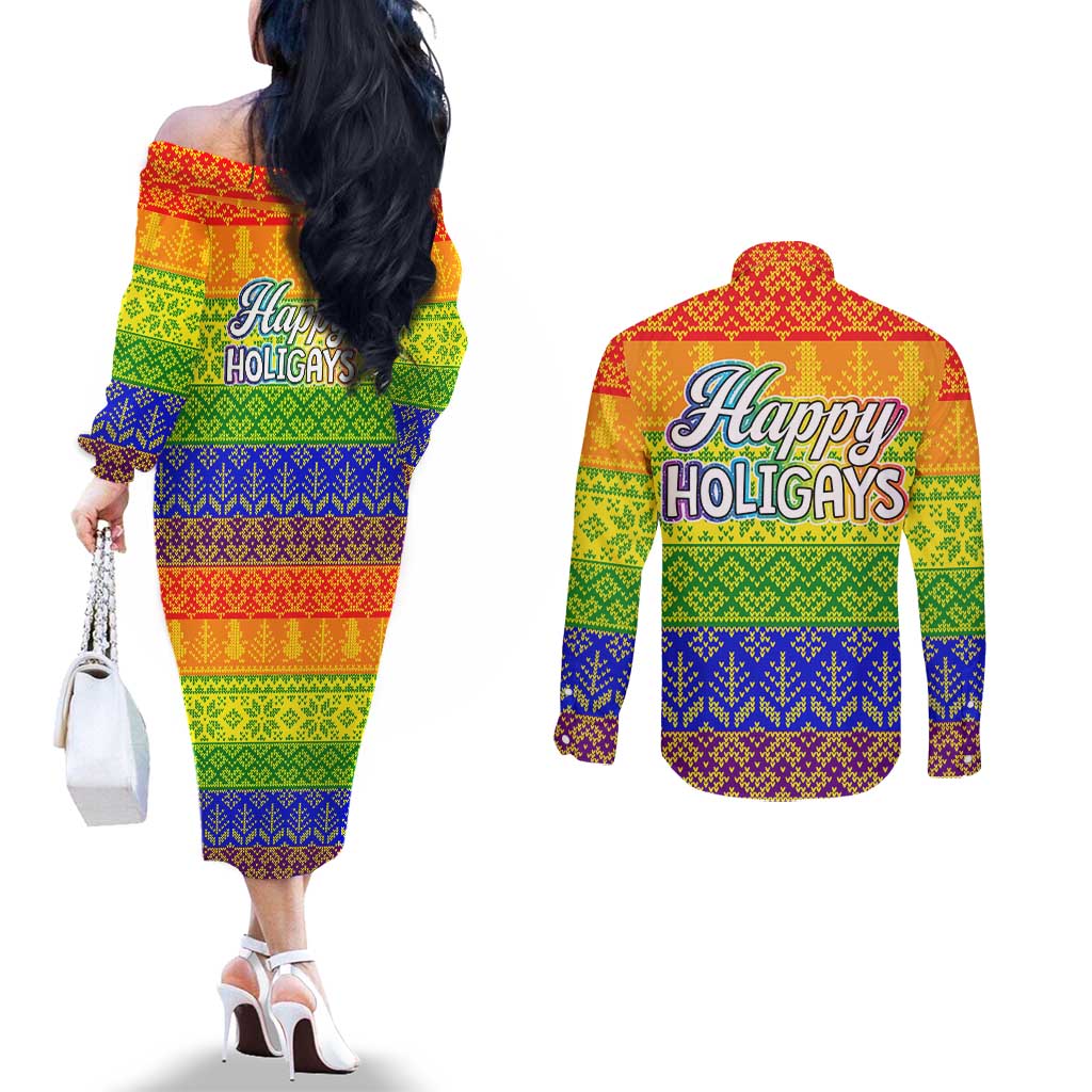 LGBT Gay Pride Happy Holigays Christmas Couples Matching Off The Shoulder Long Sleeve Dress and Long Sleeve Button Shirt Xmas Holiday Patterns - Wonder Print Shop