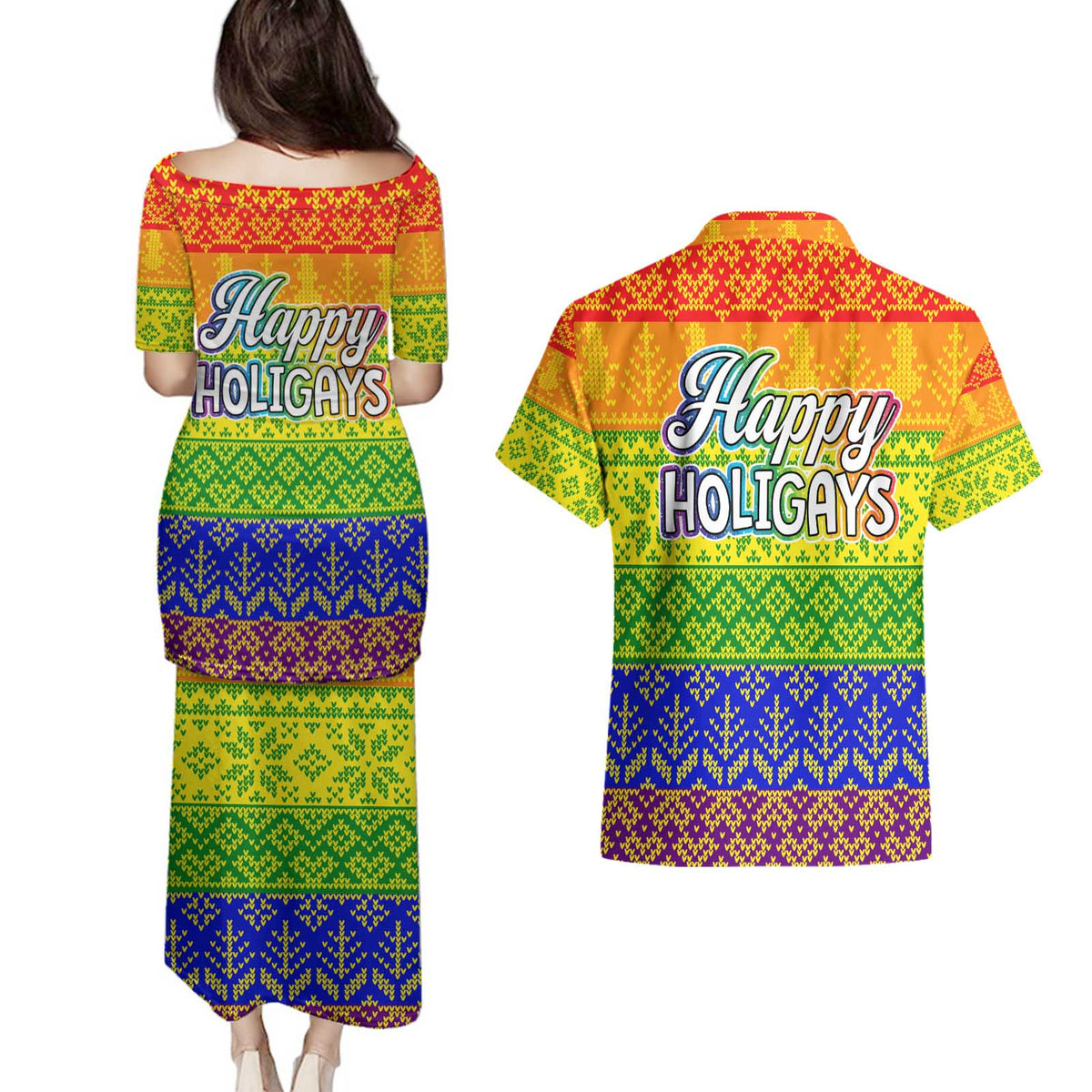 LGBT Gay Pride Happy Holigays Christmas Couples Matching Puletasi and Hawaiian Shirt Xmas Holiday Patterns - Wonder Print Shop