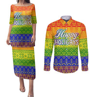 LGBT Gay Pride Happy Holigays Christmas Couples Matching Puletasi and Long Sleeve Button Shirt Xmas Holiday Patterns - Wonder Print Shop
