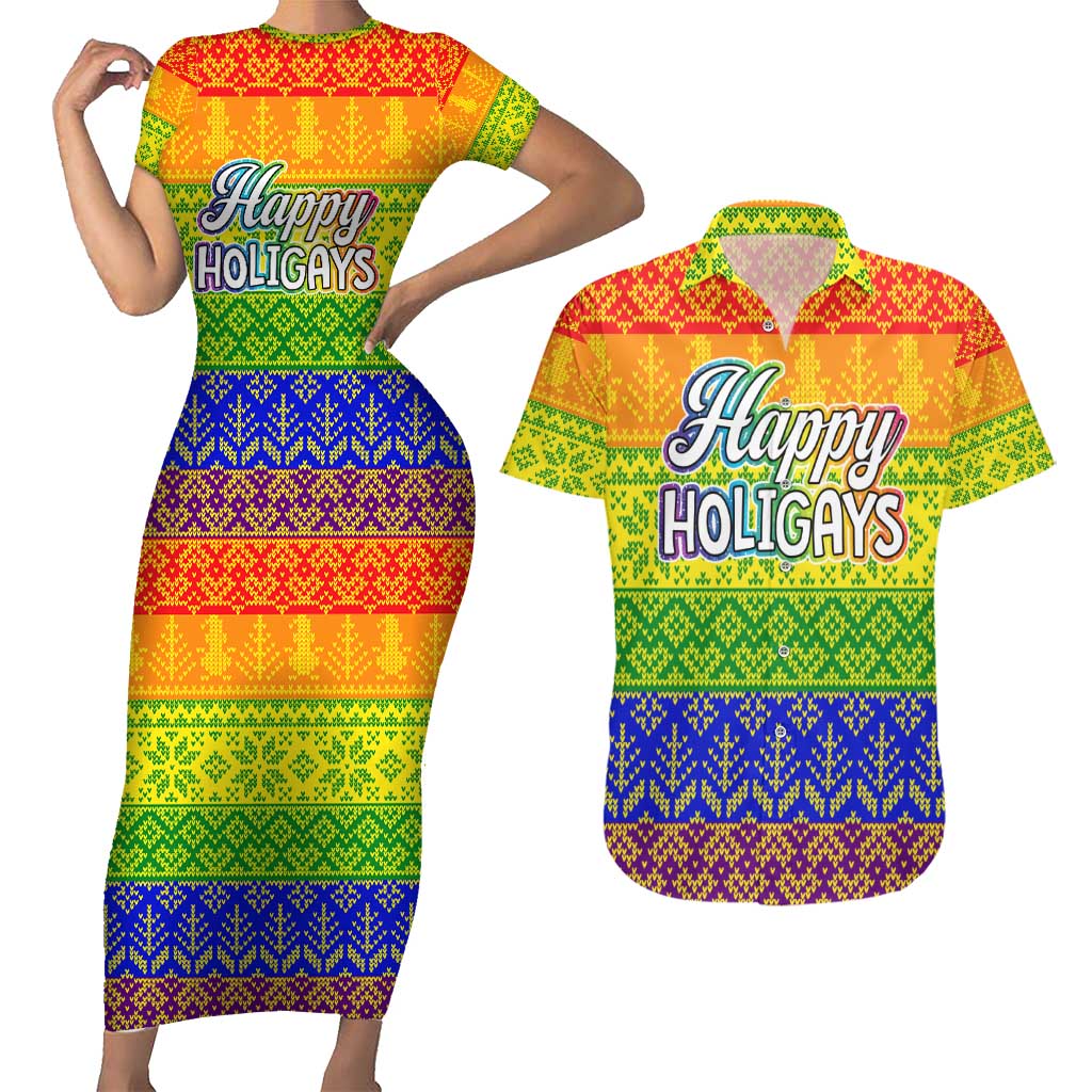 LGBT Gay Pride Happy Holigays Christmas Couples Matching Short Sleeve Bodycon Dress and Hawaiian Shirt Xmas Holiday Patterns - Wonder Print Shop