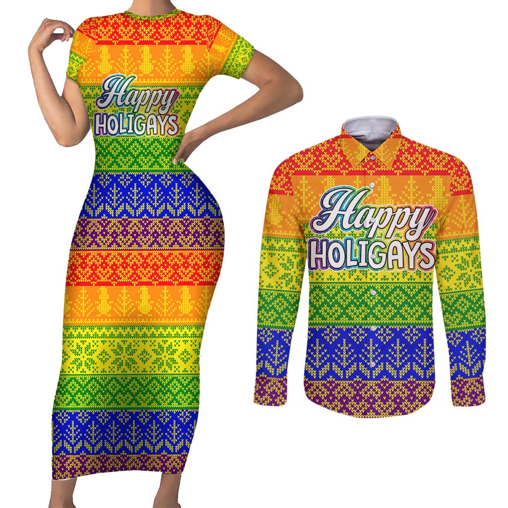 LGBT Gay Pride Happy Holigays Christmas Couples Matching Short Sleeve Bodycon Dress and Long Sleeve Button Shirt Xmas Holiday Patterns - Wonder Print Shop