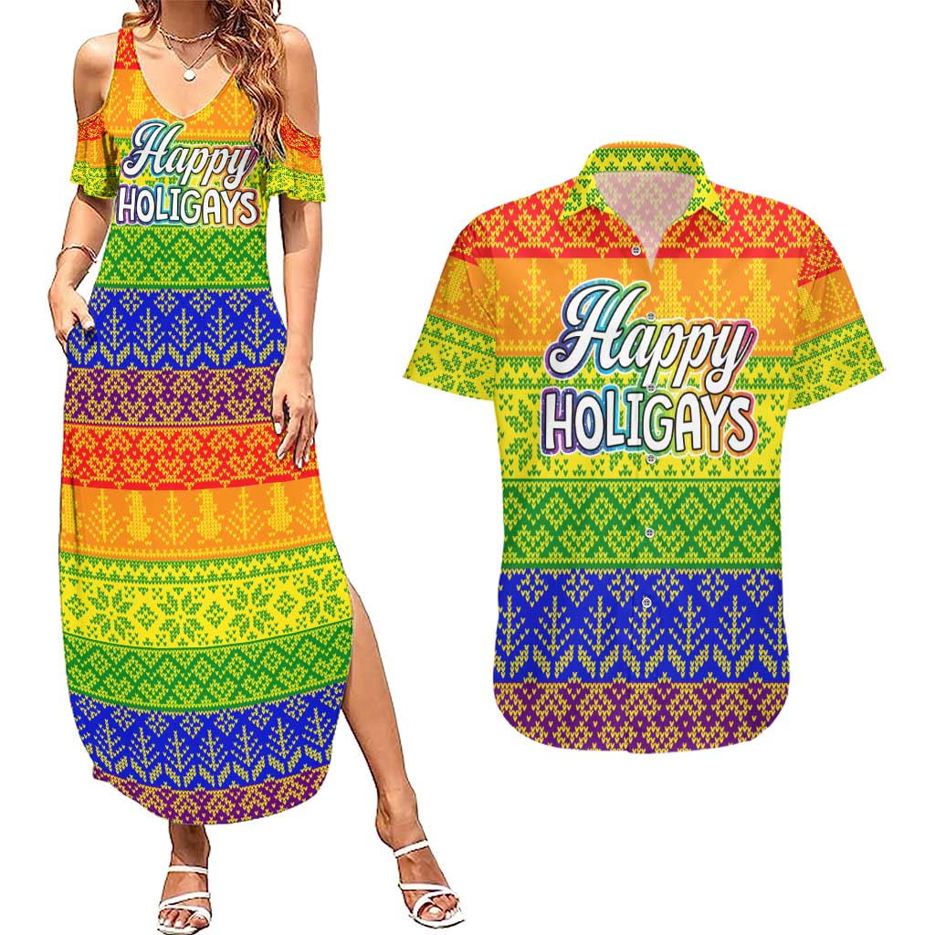 LGBT Gay Pride Happy Holigays Christmas Couples Matching Summer Maxi Dress and Hawaiian Shirt Xmas Holiday Patterns - Wonder Print Shop