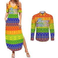 LGBT Gay Pride Happy Holigays Christmas Couples Matching Summer Maxi Dress and Long Sleeve Button Shirt Xmas Holiday Patterns - Wonder Print Shop
