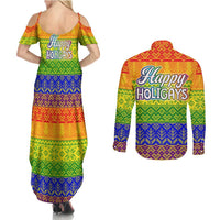 LGBT Gay Pride Happy Holigays Christmas Couples Matching Summer Maxi Dress and Long Sleeve Button Shirt Xmas Holiday Patterns - Wonder Print Shop