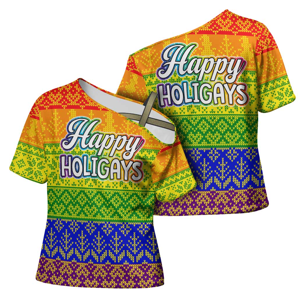 LGBT Gay Pride Happy Holigays Christmas Cross Shoulder Shirt Xmas Holiday Patterns - Wonder Print Shop