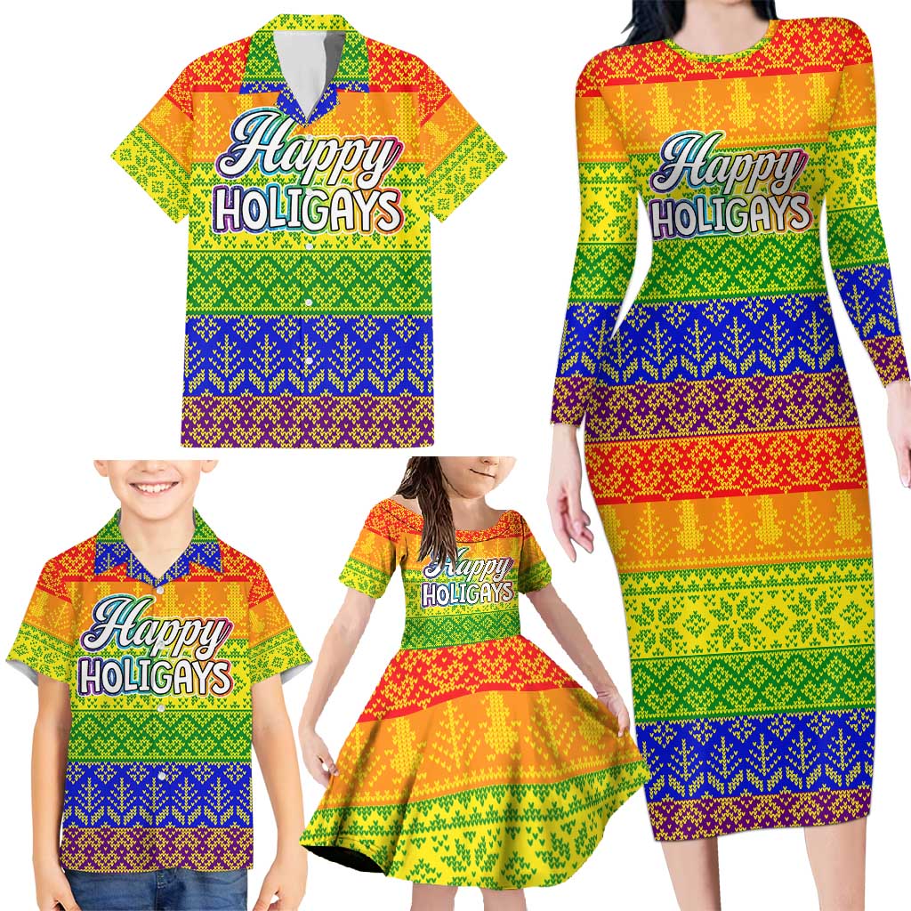 LGBT Gay Pride Happy Holigays Christmas Family Matching Long Sleeve Bodycon Dress and Hawaiian Shirt Xmas Holiday Patterns - Wonder Print Shop