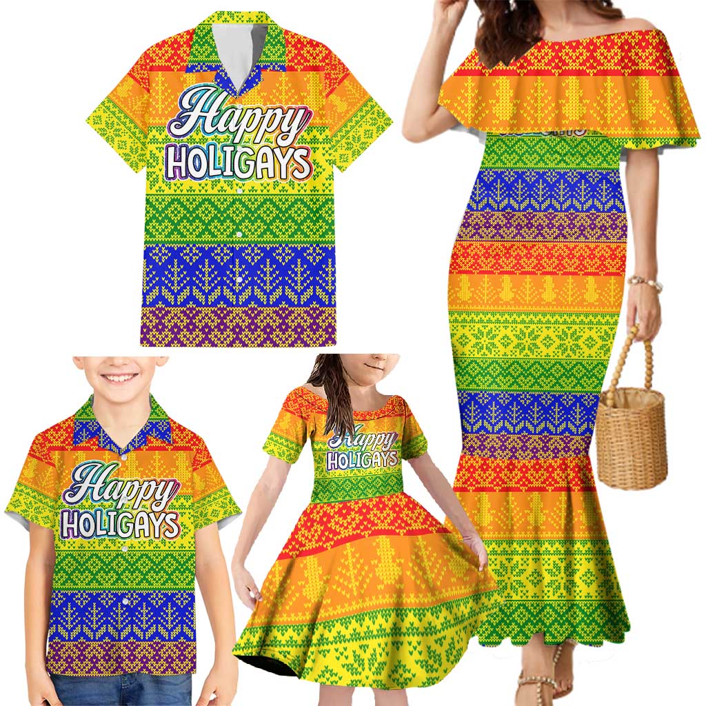 LGBT Gay Pride Happy Holigays Christmas Family Matching Mermaid Dress and Hawaiian Shirt Xmas Holiday Patterns - Wonder Print Shop