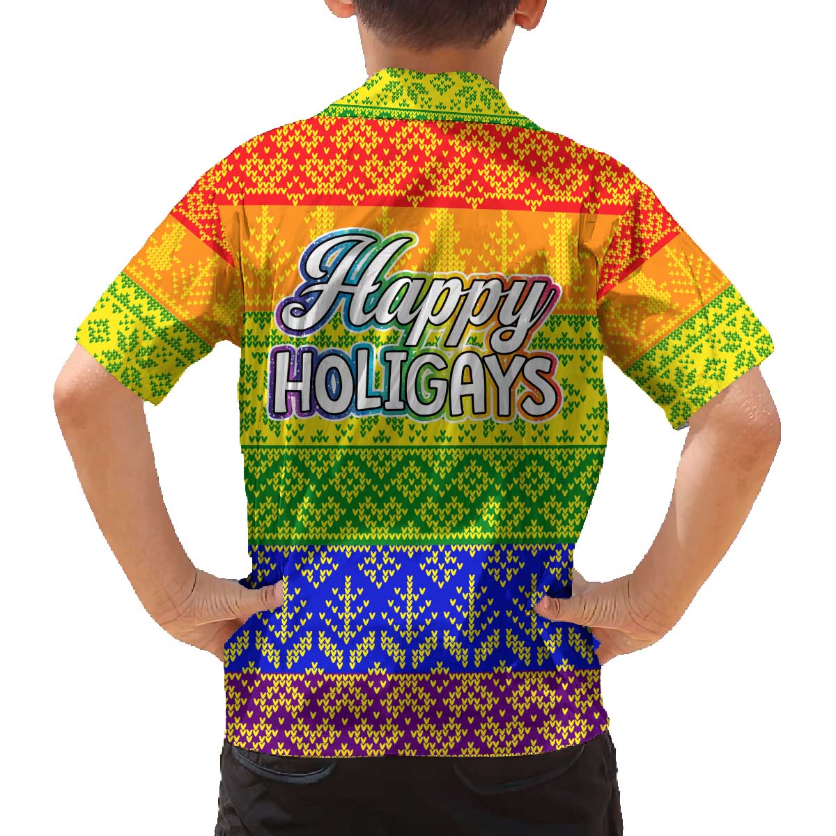 LGBT Gay Pride Happy Holigays Christmas Family Matching Off The Shoulder Long Sleeve Dress and Hawaiian Shirt Xmas Holiday Patterns - Wonder Print Shop