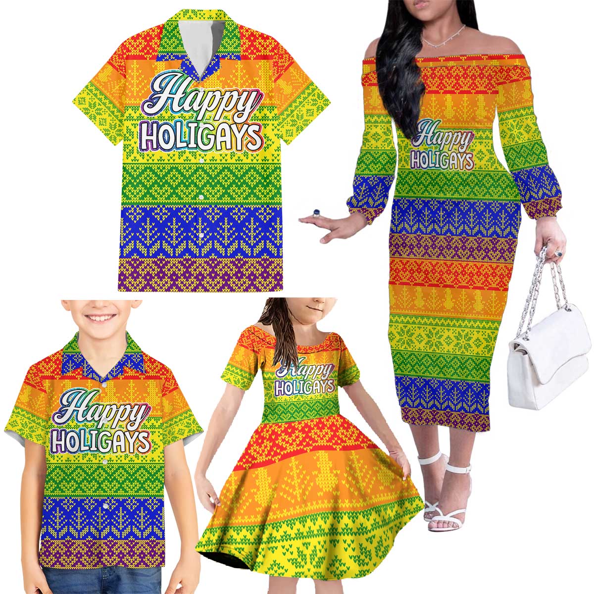LGBT Gay Pride Happy Holigays Christmas Family Matching Off The Shoulder Long Sleeve Dress and Hawaiian Shirt Xmas Holiday Patterns - Wonder Print Shop