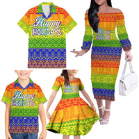 LGBT Gay Pride Happy Holigays Christmas Family Matching Off The Shoulder Long Sleeve Dress and Hawaiian Shirt Xmas Holiday Patterns - Wonder Print Shop