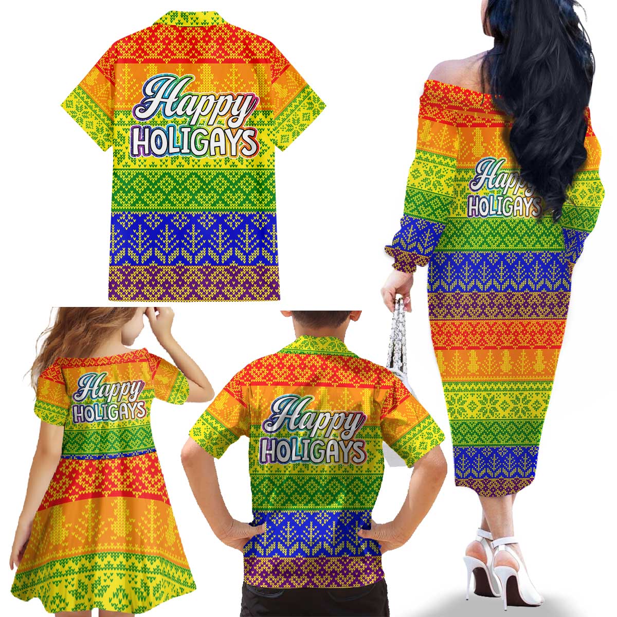 LGBT Gay Pride Happy Holigays Christmas Family Matching Off The Shoulder Long Sleeve Dress and Hawaiian Shirt Xmas Holiday Patterns - Wonder Print Shop