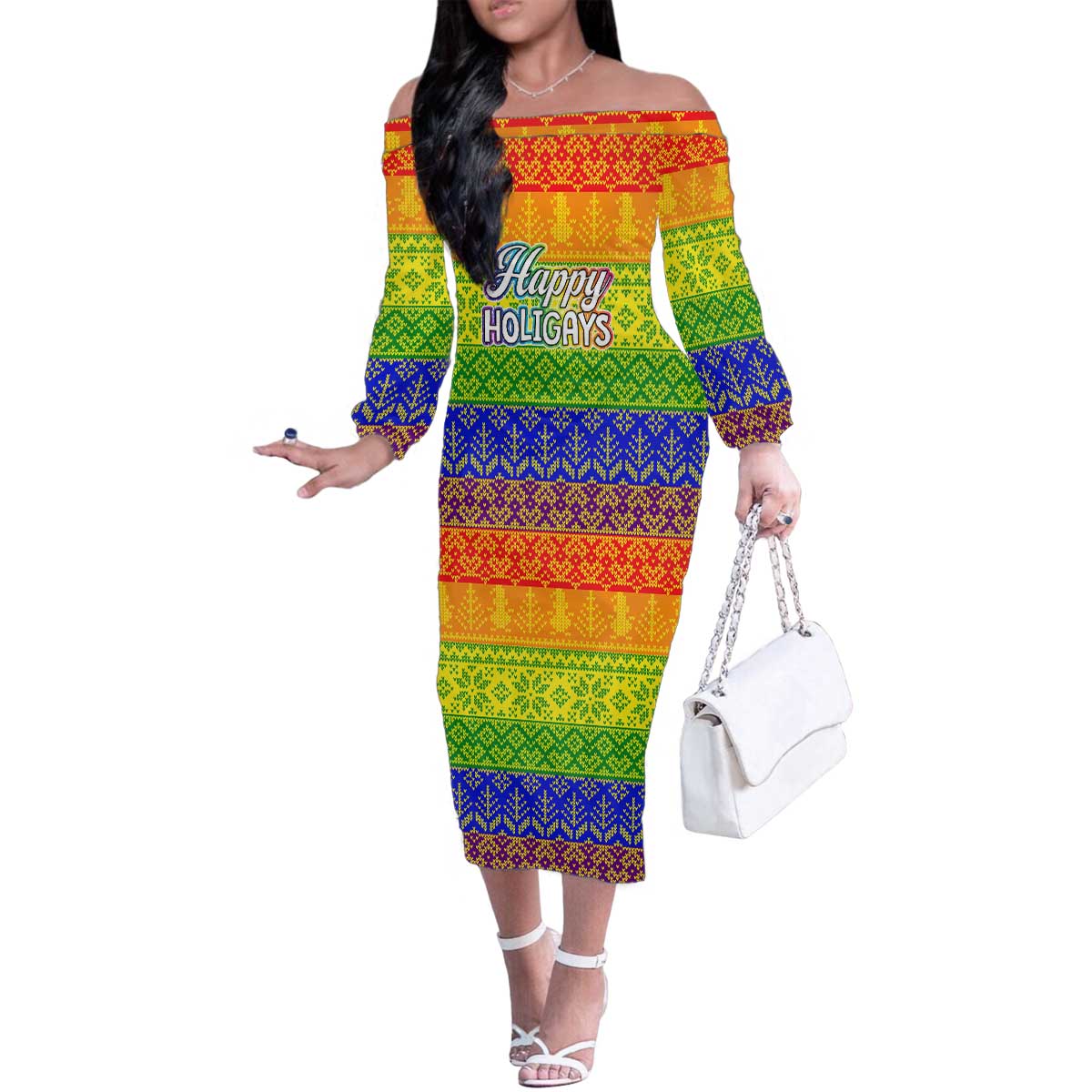 LGBT Gay Pride Happy Holigays Christmas Family Matching Off The Shoulder Long Sleeve Dress and Hawaiian Shirt Xmas Holiday Patterns - Wonder Print Shop