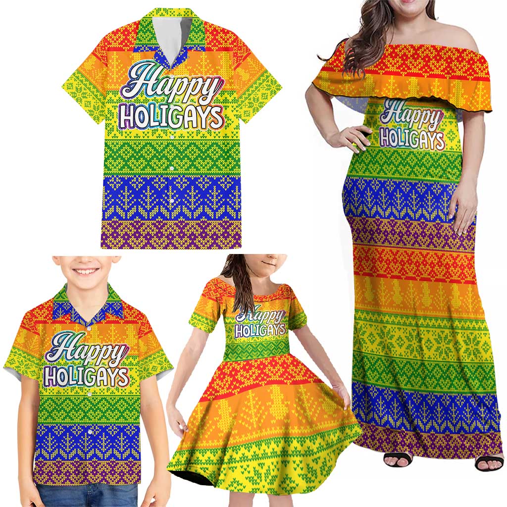 LGBT Gay Pride Happy Holigays Christmas Family Matching Off Shoulder Maxi Dress and Hawaiian Shirt Xmas Holiday Patterns - Wonder Print Shop
